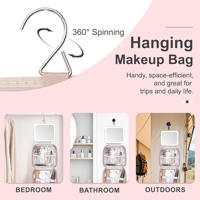 Glint&Glide Travel Makeup Bag with LED Lighted Detachable Mirror, Tri-light Dimmable - Hanging Multi-Compartment Organizer for Women, Portable Cosmetic Case with Four Divided Storage, Pink