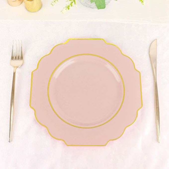 Blush Hard Plastic Dessert Plates, 50 Pack 8" Disposable Round Baroque Plates