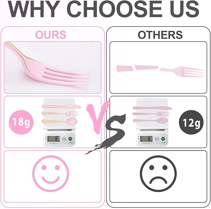 WDF 180 Pieces Pink Plastic Silverware with Gold -Pink Plastic Utensils Set - 60 Guest Pink Cutlery Disposable for Birthday/Party/Wedding