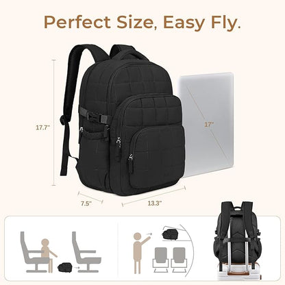 CLUCI 17.3 Inch Laptop Backpack for Women, Anti Theft Travel Backpack, Puffer Quilted Work Backpack, Water Resistant College Bookbag, Carry on backpack with RFID (Black)