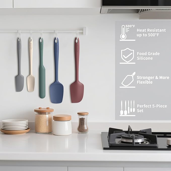 Coukre Silicone Spatula Set of 5,High Temperature Resistant, Food Grade Silicone, Dishwasher Safe, for Baking, Cooking (Pure Colorful A)