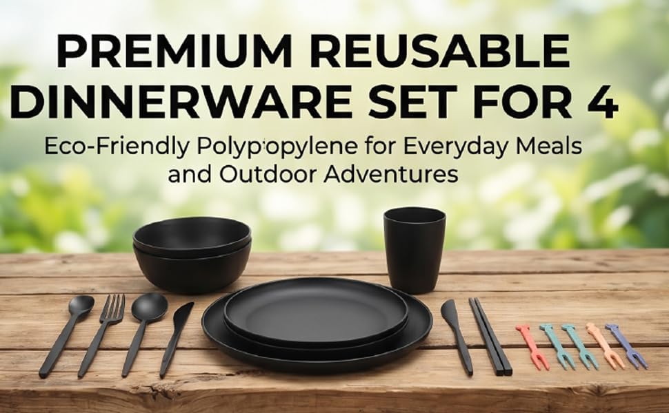 4 Person Dinnerware Set with Cutlery Reusable Plates Bowls for Camping Travel Picnic Dishwasher Microwave Safe Outdoor Tableware Service 4