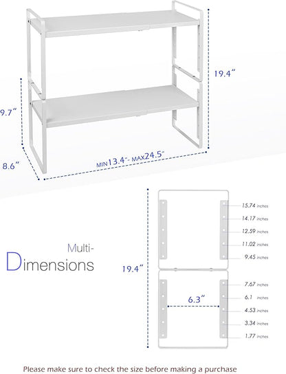 Nxconsu 2Pack Cabinet Shelf Organizer Expandable 5 Heights Adjustable Stackable Rack Riser for Kitchen Pantry Cupboard Under Sink Organization Storage Space Saver Heavy Duty Metal White
