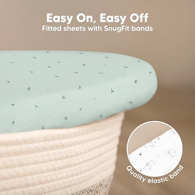 2-Pack Baby Bassinet Sheets Girl, Boy - 33x17 Viscose Derived from Bamboo Bedside Mattress Fitted Bassinet Sheets, Compatible with Halo Bassinest Swivel Sleeper, Baby Delight, Graco (Bunnies)