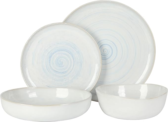 Gibson Elite Auckland Blue Swirl Stoneware Reactive Glaze 16 Piece (Service for 4) Plates and Bowls Dinnerware Set