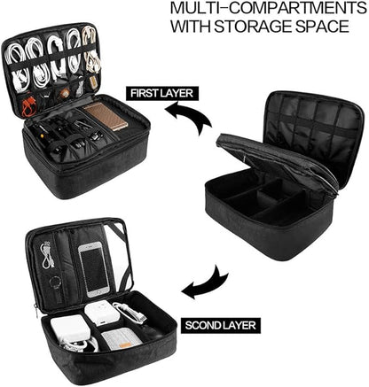 Travel Electronics Organizer, Waterproof Cable Organizer Bag for Electronic Accessories Double Layer Large Shockproof Cable Storage Bag for Cord, Power Bank, Tablet(Up to iPad 11 inch) - Black