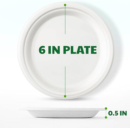 100% Compostable Paper Plates, 6 Inch, 125 Count, Heavy Duty Disposable Plates by Biodegradable Bagasse, Dessert Plates Bulk for Party | Microwave-Safe | Soak-Resistant, Cut Resistant