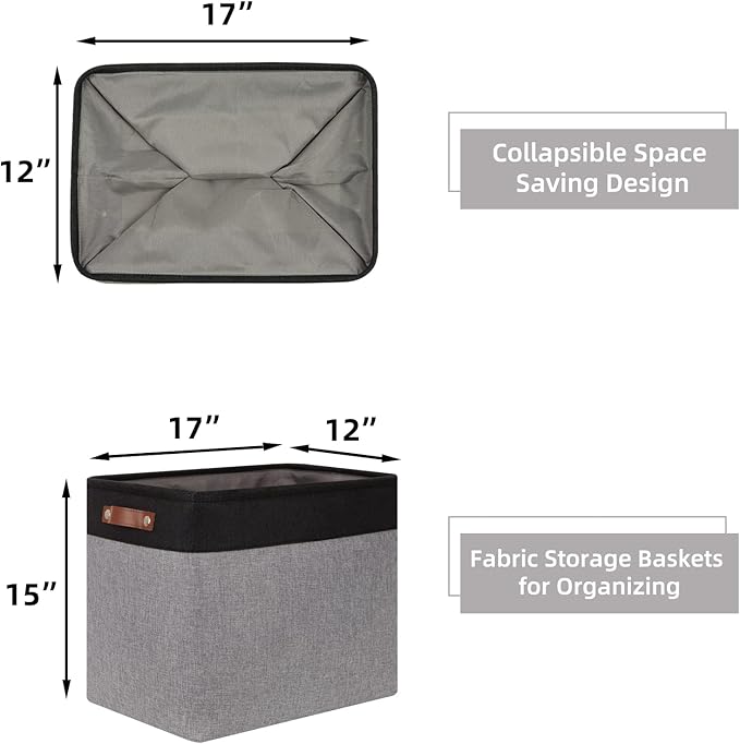 HNZIGE Fabric Storage Baskets Large Cloth Baskets Set of 2, Rectangular Shelf Baskets with Handles for storage, Foldable Tall Baskets for Organizing Linen Closet Organizers(Gray Black)
