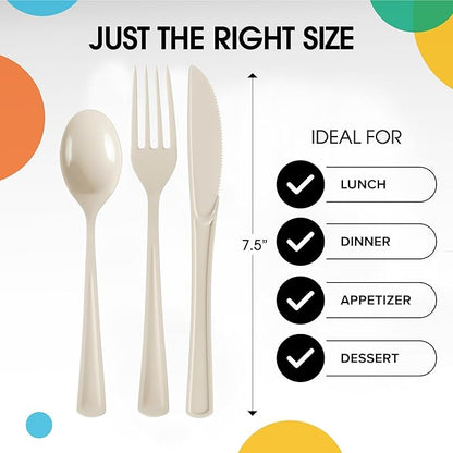 Party Solids Ivory Plastic Silverware Heavy Duty 150 Pieces Ivory Disposable Silverware Heavy Duty, Utensil Sets, 50 Of Each Forks, Knives & Spoons Disposable Cutlery Set For Party Supplies