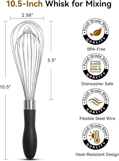 10-Inch Stainless Steel Kitchen Whisk, Ergonomic, Non-Slip Handle, Dishwasher Safe, Perfect for Beating Eggs, Mixing Batter, Whipping Cream