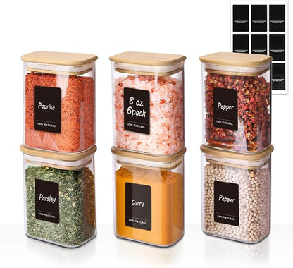 Comsaf Spice Jars with Label，8 oz Small Glass Jars with Lids, 6 Pcs Seasoning Containers, Rectangle Glass Containers with Lids, Empty Seasoning Jars for Pantry Storage, Loose Tea, Herbs, Powders, Salt