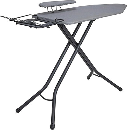 Household Essentials Wide Mega Ironing Board 4-Leg, Steel Top Pressing Station, Matte Black Frame, Grey Cover