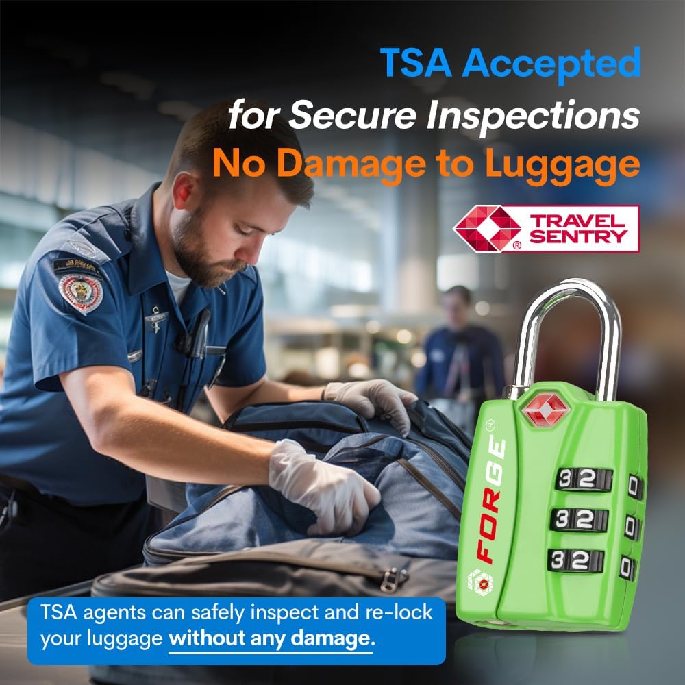 Forge TSA Luggage Combination Lock - Open Alert Indicator, Easy Read Dials, Alloy Body- Ideal for Travel, Lockers, Bags (Green 4PK)