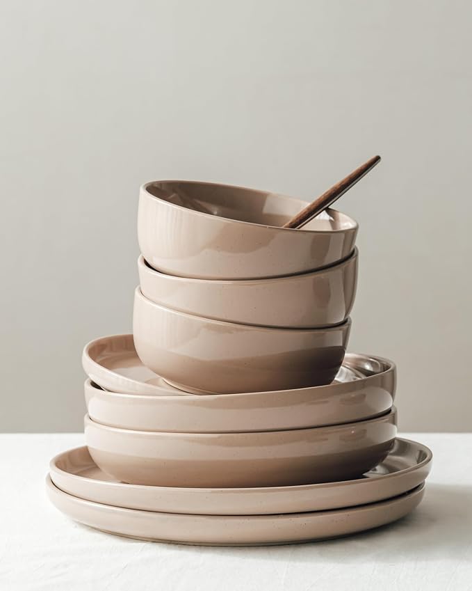Famiware Milkyway 24-Piece Stoneware Plates and Bowls, Cinnamon Brown |