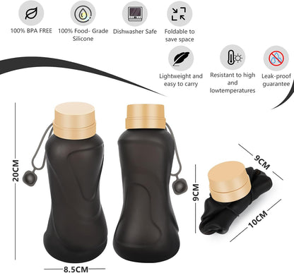Collapsible Water Bottles 2 Pack,Leak Proof,Reuseable BPA Free Silicone Foldable Water Bottles,Durable Lightweight for Travel Gym Camping Hiking,Compact Size Portable Sports Water Bottle (Black&Pink)