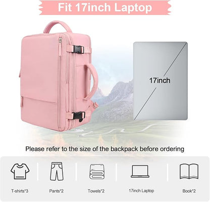 Hanples Carry on Travel Backpack for Women, Large 35L Personal Item Luggage Backpack,17 inch Laptop Backpack TSA Flight Approved, Travel Essentials Casual Daypack with 2 Toiletry Bags (Pink)