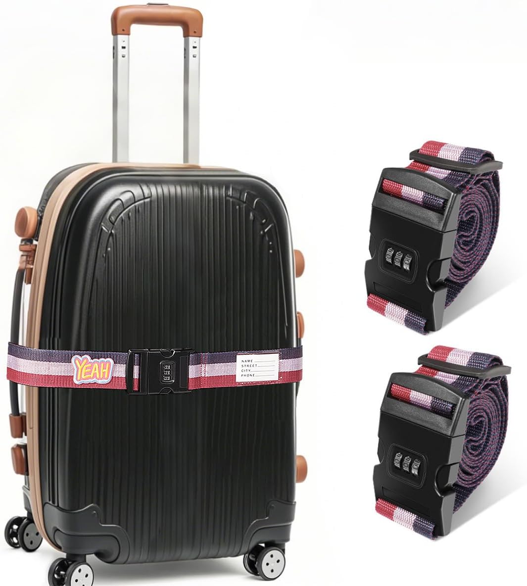 Adjustable Luggage Straps with Combination Lock – 2 Pack Bright Colors, Quick-Release Buckle, Secure Travel Luggage Straps for Added Safety（Tricolor)