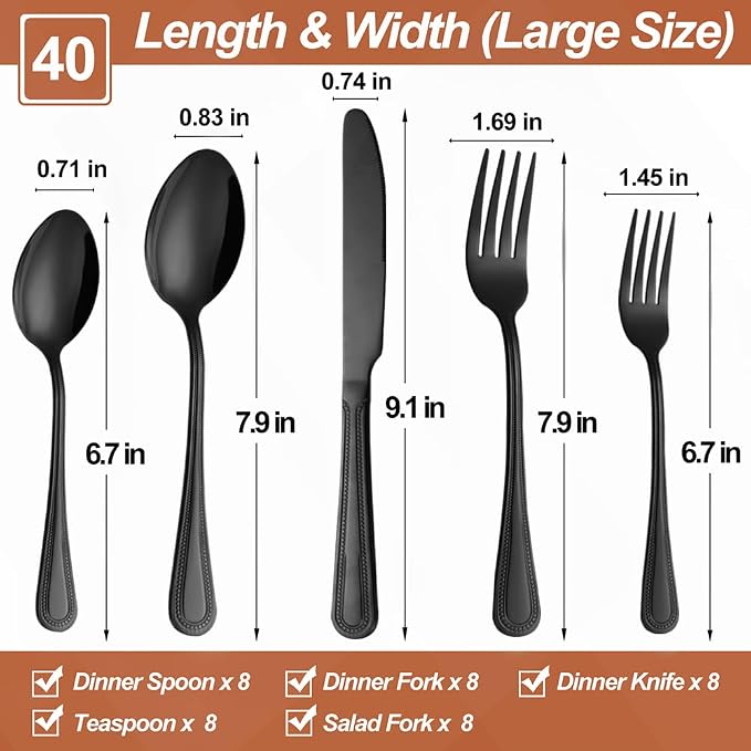 40 Pcs Black Silverware Set for 8, Food Grade Stainless Steel Flatware Set