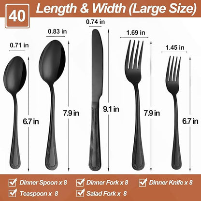 40 Pcs Black Silverware Set for 8, Food Grade Stainless Steel Flatware Set