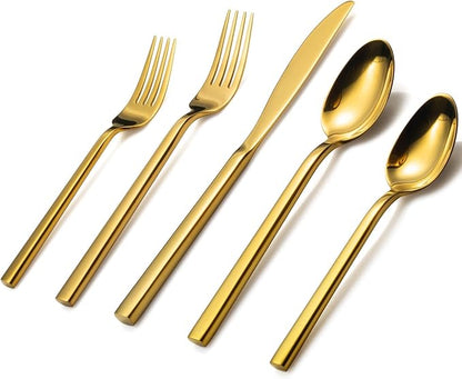Alata Cube Gold 20-Piece Flatware Set, Forged Cutlery Set, Mirror Finish