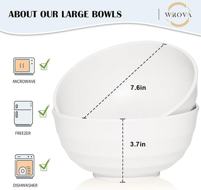 Wrova Wheat Straw Bowls Set 60 OZ, Unbreakable Large White Bowls Set of 6, Microwave and Dishwasher Safe Big Cereal Bowl for Dorm and Apartment, Salad Bowl for Serving Oatmeal and Popcorn (White)