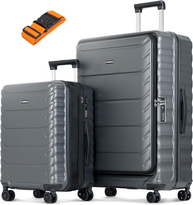 Luggage Sets 2 Pieces, 20/28 Inch PC Hardshell Suitcase with Spinner Wheels, 20 Inch Expandable Clamshell Carry On Luggage and 28 Inch Aluminum Frame Top Opening Checked Luggage (Grey)