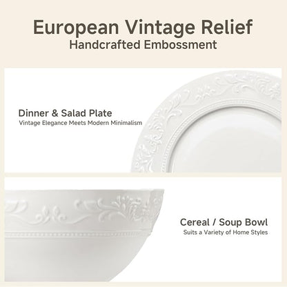 18Pcs Vintage Relief White Bone China Set, Service