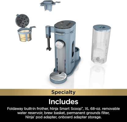 Ninja Pod & Grounds Specialty XL Single-Serve Coffee Maker, K-Cup Pod Compatible, Brews Grounds, Compact Design, Built-In Milk Frother, 68-oz. Reservoir, 6oz. Cup-24oz. Mug Sizes, Denim Blue, PB055ABL