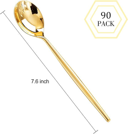 I00000 90 Pcs Gold Plastic Spoons,Disposable Silverware, Gold Plastic Cutlery, Heavy Duty Disposable Spoons Perfect for Parties, Wedding & Dinners