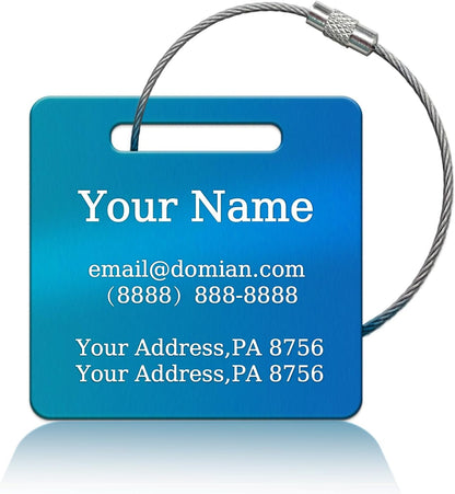 （2-Pack） Stainless Steel Custom Luggage Tags - Laser Engraved Personalized Travel Tags - Custom Name Identification Tags: for Suitcases, Backpacks, Bags and More (Blue)