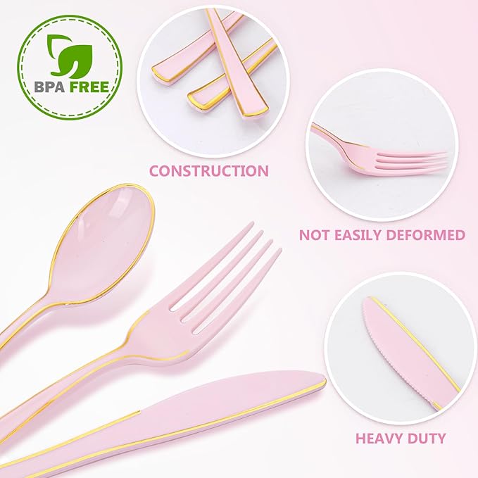 WDF 180 Pieces Pink Plastic Silverware with Gold -Pink Plastic Utensils Set - 60 Guest Pink Cutlery Disposable for Birthday/Party/Wedding