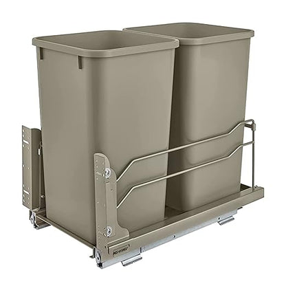 Rev-A-Shelf Double Pullout Trash Can for Base Kitchen Cabinets 27 Quart 12.5 Gallon with Soft-Close Slides, Champagne, 53WC-1527SCDM-212