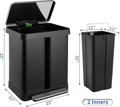 16 Gallon Dual Compartment Trash Can, Hands-Free Recycling Rectangular Garbage Bin, Stainless Steel Step-On Dustbin with Soft-Close Lid, Removable Inner Buckets, for Kitchen Home