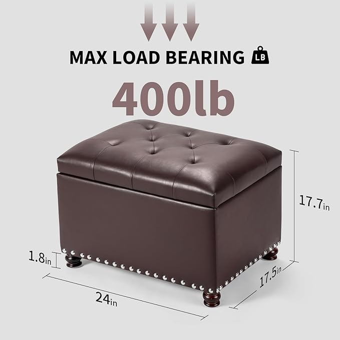 Joveco Faux Leather Storage Ottoman Bench Rectangle 24 Inch Foot Rest Ottomans (Brown)