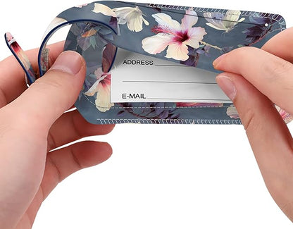 FINTIE 2 Pack Luggage Tags, Leather Name ID Labels with Privacy Cover for Travel Bag Suitcase, Theme - Blooming Hibiscus