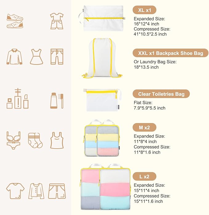 Lightweight Compression Packing Cubes for Suitcases, Compressible Expandable Travel Packing Organizer with Clear Toiletries and Backpack Bag, Travel Essentials for Carry on Luggage 7 Set
