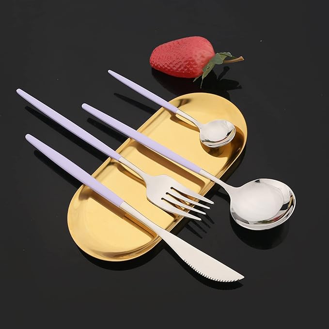 JASHII Flatware Set 24 Piece, Stainless Steel Silverware Set, Macaron Small Fresh Color Cutlery Set, Modern Elegant Tableware Set for Party, Christmas, Dinner (Purple Silver)