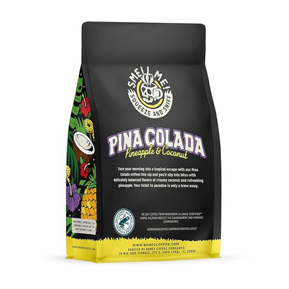 Bones Coffee Company Pina Colada, Pineapple and Coconut Flavored Coffee, Medium Roast Low Acid Arabica Beans Compatible with Auto drip and French Press Coffee Maker, 12 Oz Whole Bean