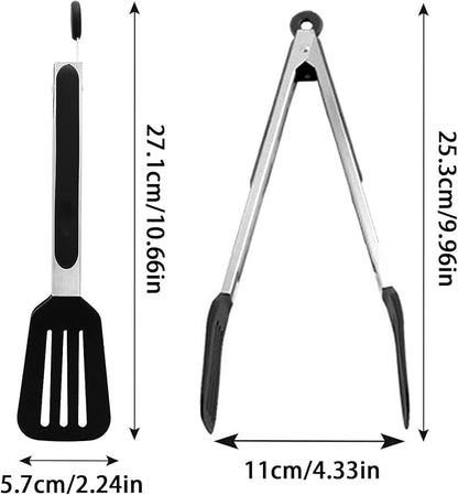 Cooking Tong 9 inches Stainless Steel Kitchen Silicone Serving Tong Heat Resistant Meat Turner Spatula Tongs Fish Tongs with Locking Handle Joint (Black)
