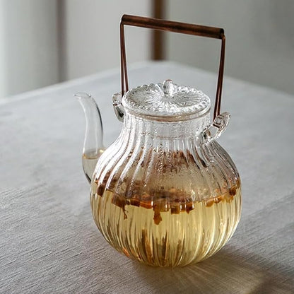 IwaiLoft Stovetop Safe Glass Teapot with Removable Infuser Fine Borosilicate Tea Pot perfect for Fruit Flowering Tea Canister Premium Quality Tea Kettle Gift IW-G086 (25OZ, LINE)