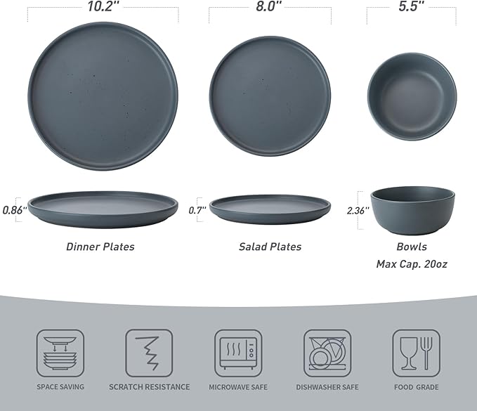 Famiware Dawn Plates and Bowls Sets, 12 Pieces Stoneware Dinnerware Sets, Dishes Set for 4, Microwave and Dishwasher Safe, Speckled Charcoal