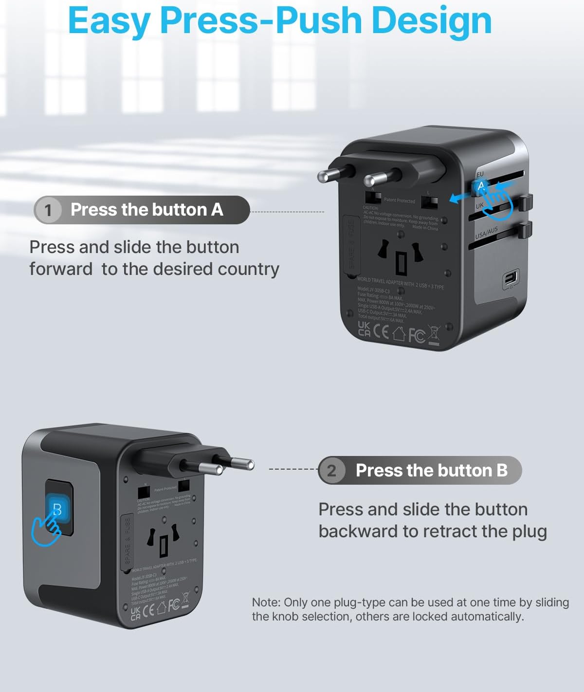 Universal Travel Adapter, VINTAR International Power Adapter with 6A 3 USB C and 2 USB Ports, All in One Travel Essentials Plug Adapter, Worldwide Outlet Converter for Europe UK USA AUS(Type C/G/A/I)