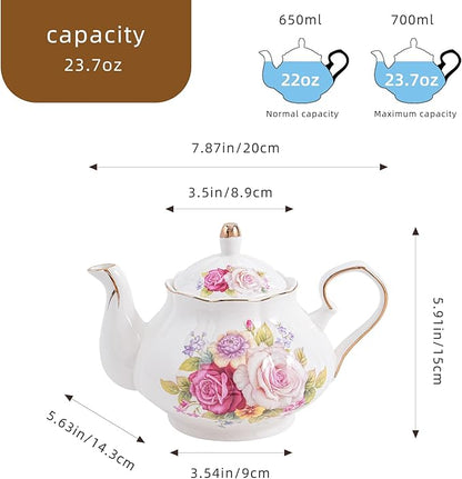 Flower Ceramic Teapot,22oz Porcelain Tea pot for Tea Coffee Milk for Office Home Men Women as Gift (Rose)