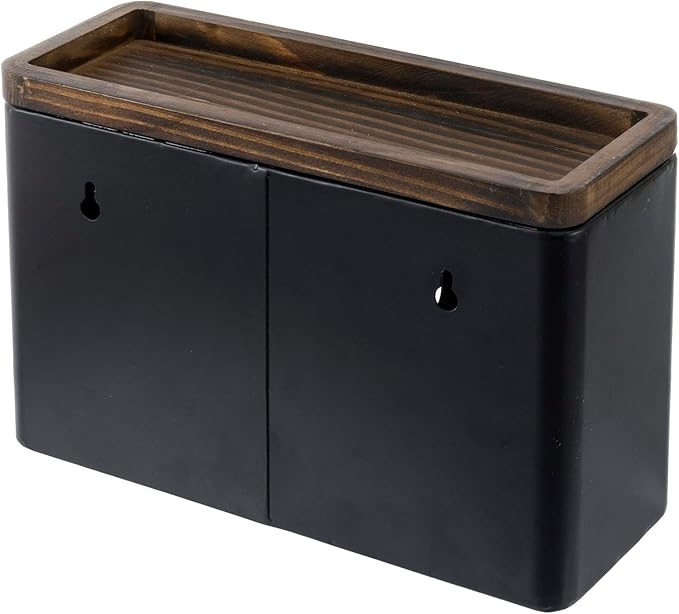 MyGift Deluxe Modern Matte Black Metal Folded Commercial Paper Towel Holder with Rustic Burnt Solid Wood Tray Lid, Wall Mounted Trifold Multifold Z Fold Disposable Napkin Dispenser