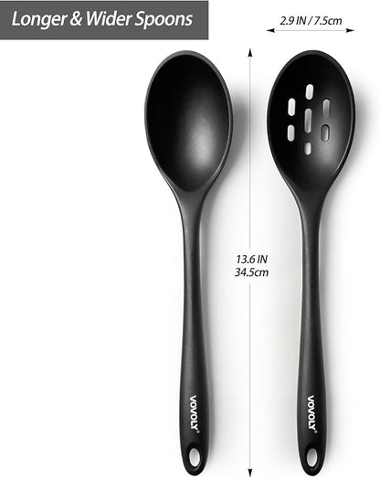 Silicone Spoons for Cooking - Extra Large Kitchen Spoons for Mixing, Serving, & Stirring - 600°F Heat-Resistant Non Stick Utensils Ladle & Skimmer- Dishwasher Safe, Black