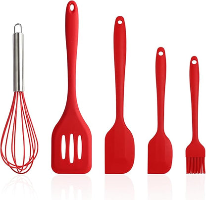 NileHome 4 Pack Silicone Spatula and Whisk Kitchen Utensils with Silicone Brush Heat Resistant BPA-free Rubber Spatula for Scraping, Baking, Cooking, Mixing- Red