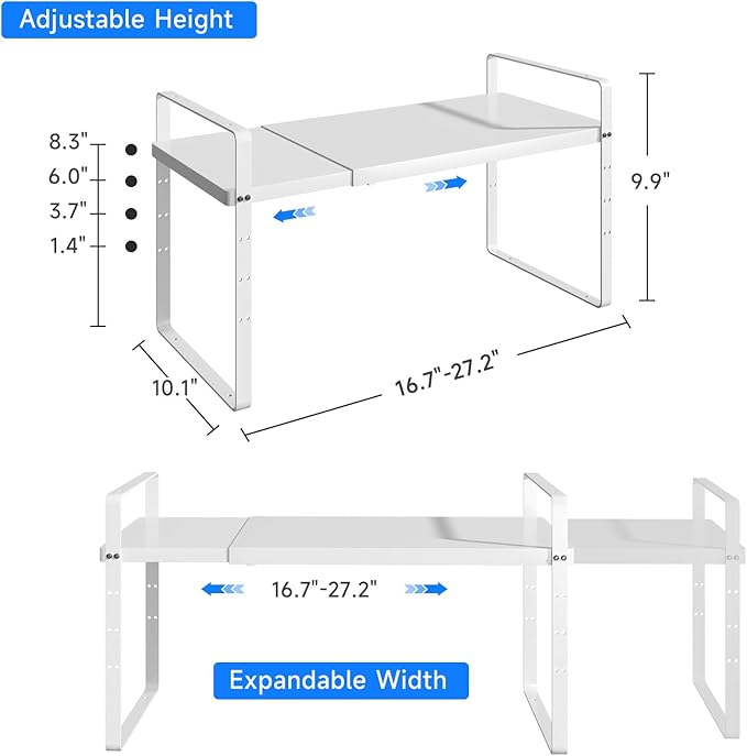 Expandable Cabinet Shelf Organizer, Stackable Kitchen Pantry Counter Storage, Adjustable Closet Cupboard Stand Rack Risers Spice Organization 80LBS Heavy Duty White Large 1 Pack