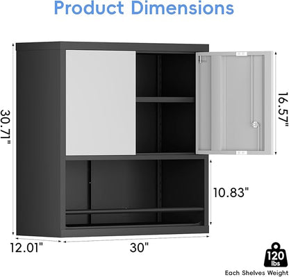 Metal Garage Cabinets, Lockable Storage Cabinet, Metal Cabinet with Open Storage, Upper Tool Cabinet for Basement, Wall Mounted Cabinets for Shop