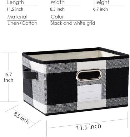 PRANDOM Fodable Storage Bins for Closet [3-pack] Decorative Fabric Storage Baskets Cubes with Leather/Metal Handles for Shelves Bedroom Living Room Black and White Grid (11.5x8.5x6.7 Inch)