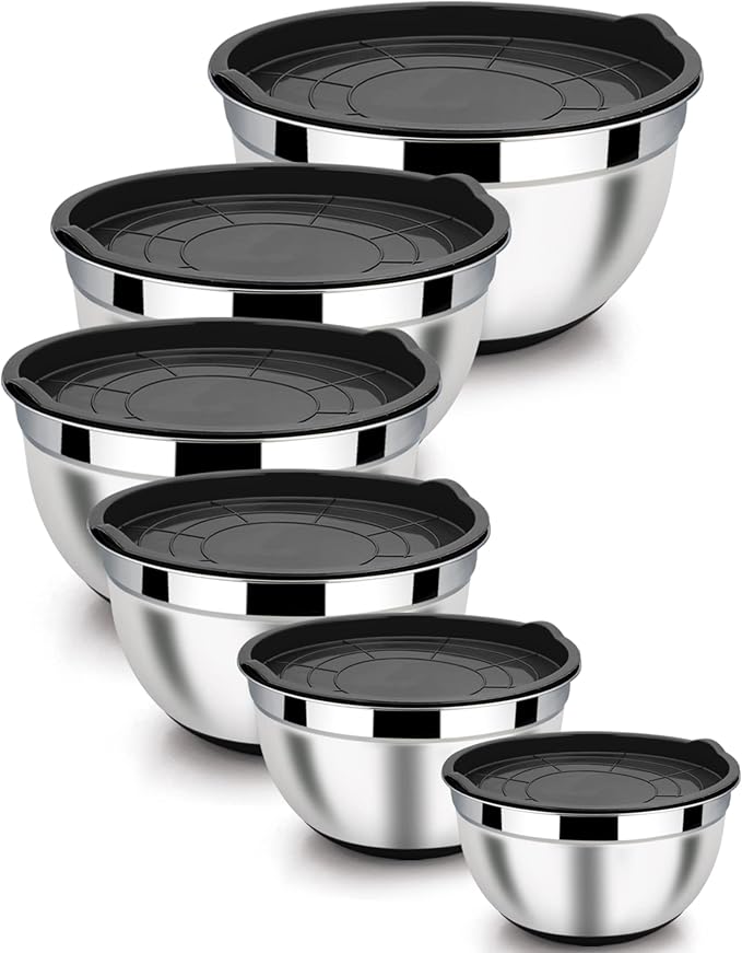 LIANYU Stainless Steel Nesting Mixing Bowls Set of 6 with Airtight Lids, Size 7, 3.5, 2.5, 2, 1.5, 1QT, Large Metal Bowls for Baking Cooking Food Storage, Non-slip Bottom, Black